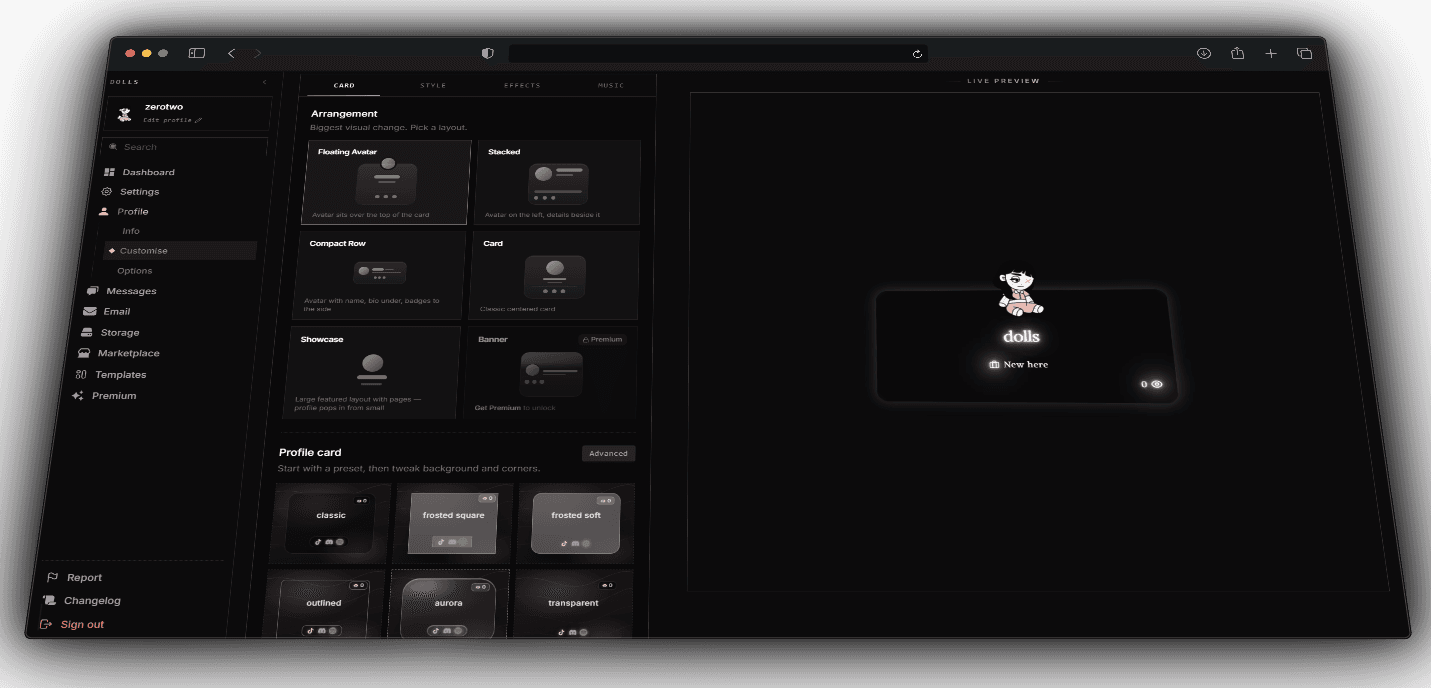 Profile customise dashboard with live preview